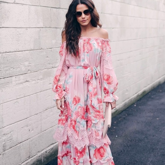 Vici Collection Adore Me Floral & Lace Off The Shoulder Maxi Dress - Picture 3 of 8